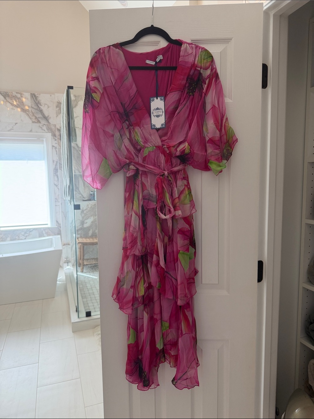 Tempo Paris Pink Floral Asymmetrical Ruffle Dress